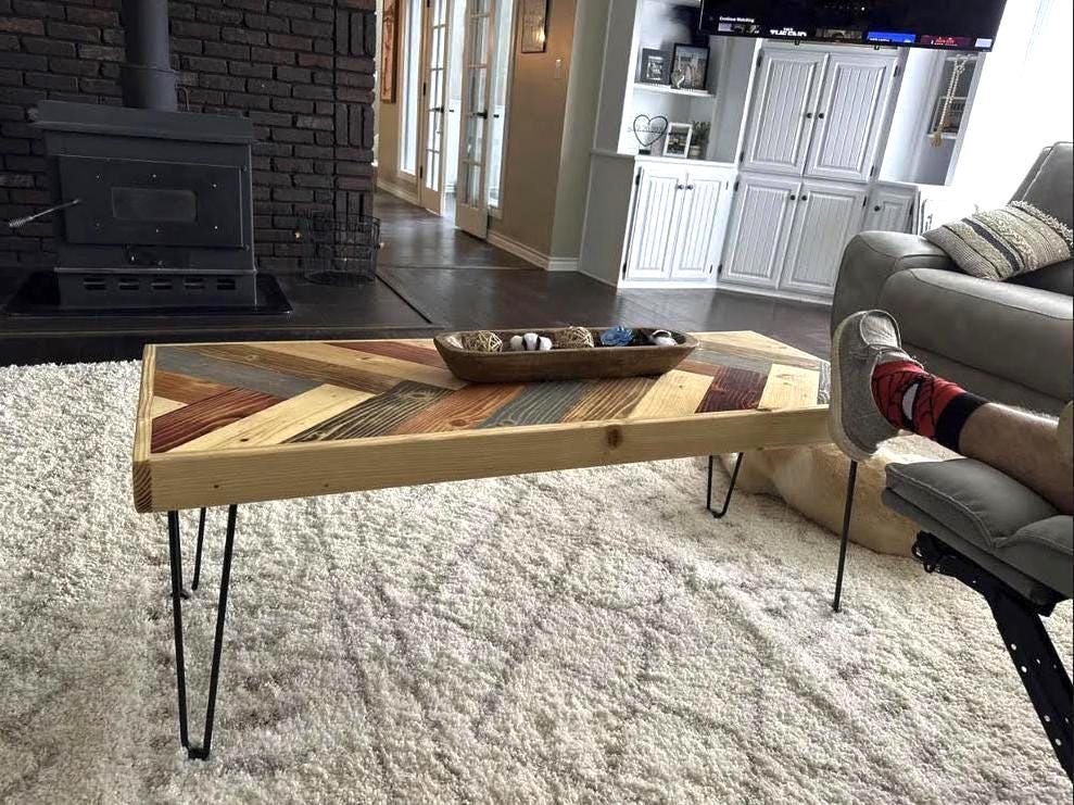 Handmade Herringbone Coffee Table, Colorful Wood & Metal Legs - Etsy