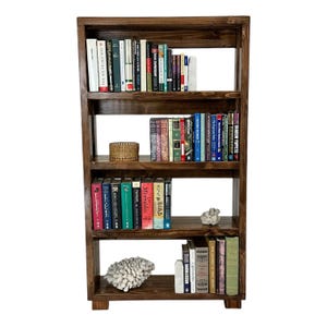 Rustic Home Library Storage Wooden Bookcase Display Unit Farmhouse Style Design Book Collection Organizer Reading Corner Creator Four Shelf System Solid Pine Construction Premium Storage Solution Mobile Display Rack Book Lover Essential