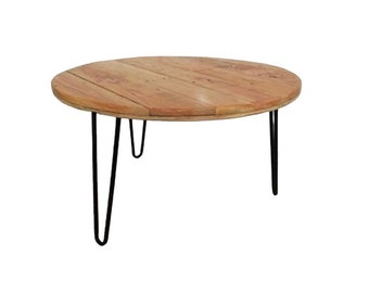 Round Coffee Table, Solid Wood with Hairpin Legs, Farmhouse Rustic Style