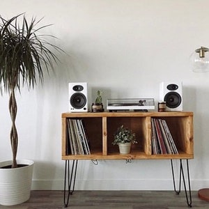 record player stand with vinyl storage in antique walnut stain, light walnut