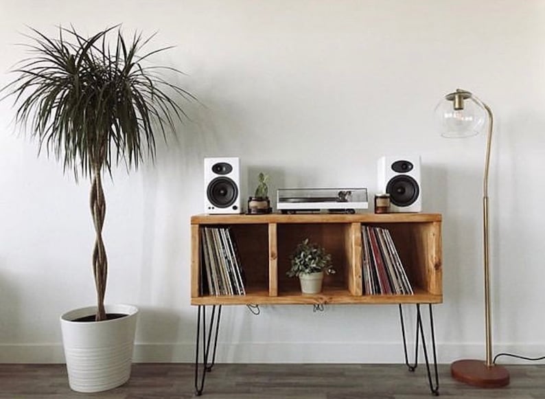 record player stand with vinyl storage in antique walnut stain, light walnut