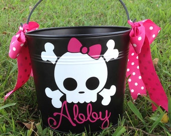 Halloween Bucket, Personalized With Child's Name, Featuring "Girlie" Skull