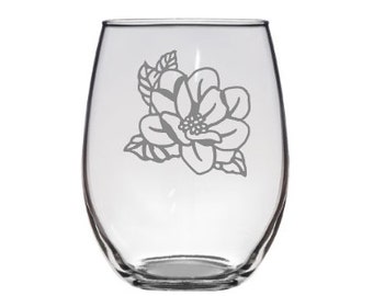 Magnolia Blossom Etched Wine Glass, Gift for Her