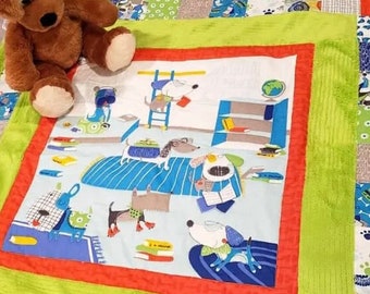 Baby Quilt Handmade Boy Girl Puppy Dog Book Patchwork Crib Blanket Playmat 33x32 Throw