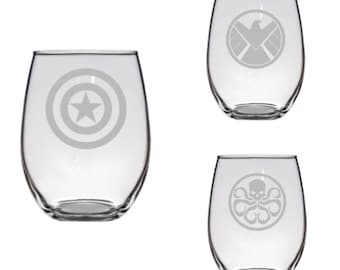 Captain America Logos  Etched Wine Glass, Agents of S.H.I.E.L.D, Agents of Hydra, Captain America