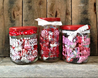Valentine's Day Gift, Personalized Candy Jar, Hugs and Kisses, Teacher Gift, Friend Gift, Cute and Affordable Gift