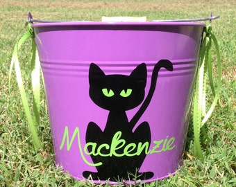 Halloween Bucket, Personalized, Featuring Black Cat, Child's Name