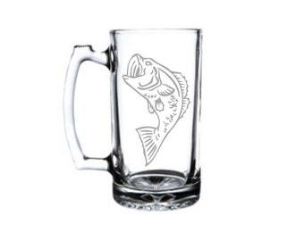 Bass Fish Etched Glass Beer Mug, Bass Logo Etched Beer Mug, Bass Fishing, Fisherman, Fishing Logo, Fishing Lover