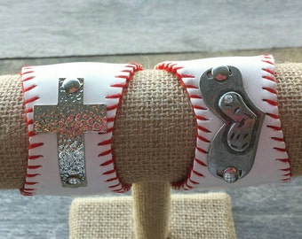 Baseball Cuff Bracelet / Baseball Bracelet with Cross/ Baseball Bracelet with Heart/ Baseball Heart Cuff/ Baseball Cross Cuff