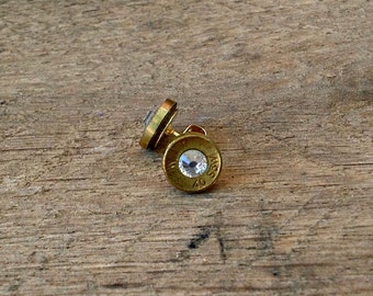 Earrings Made From Real Bullets, Adorned with Crystal Accent, Gold Stud Earrings, Gift For Her, Unique, Fun Gift Idea