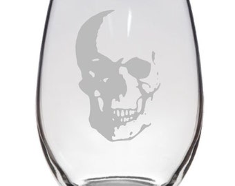 Etched Wine Glass, Skull Wine Glass, Wine Glass Etched With Skull Design
