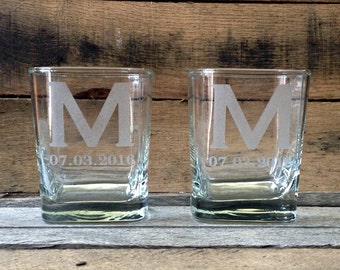 Wedding Gift, Pair of Personalized Rocks Glass Etched With Name, Quote, Wedding Date, "Bride", "Groom", "Groomsman"