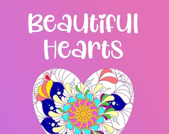 Op de afbeelding: Een kleurboekomslag met de titel "Beautiful Hearts" en een kleurrijk hartmandala-ontwerp. De tekst "30+ leuke hartmandala's om in te kleuren" staat onderaan de omslag.