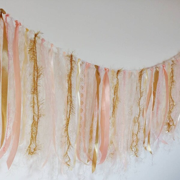 Peach Gold Nursery Decor, Boho Decor, Ribbon Banner, Lace Garland, Fabric Garland, Fabric Bunting, Photo Backdrop, Rag Tie Garland, Party De