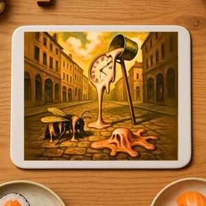 May include: A still-life arrangement featuring a keyboard, bonsai tree, sushi, and a tablet displaying a surrealist painting of a melting clock. A small Buddha statue and sake set are also present. The scene is set on a wooden surface.