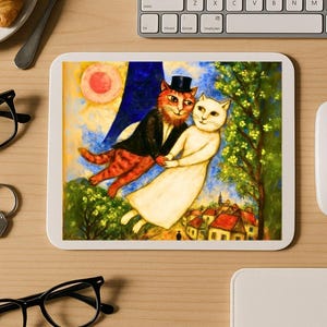 Whimsical Cat Couple Mouse Pad | Romantic Feline Art Desk Mat | Unique Gift for Cat Lovers | Colorful Surreal Animal Art Home Office Decor