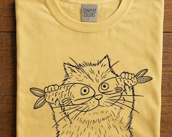 Cat And Fish | Humorous Pet Lover Gift | Vintage Art Print | Cotton Dyed T-Shirt