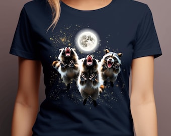 Three Raccoons Howling at the Moon Shirt, Midnight Raccoon Cotton Tee, Animal Lover Gift
