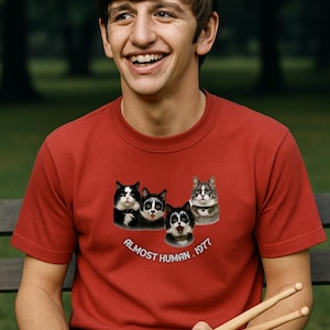 Almost Human 1977 - Funny KISS Cat Parody T-shirt for Rock Fans and Cat Lovers, Unisex Music Tee, Vintage Concert Apparel, Retro Cat Shirt,