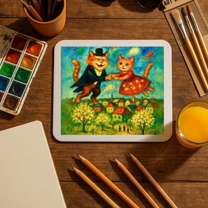 Dancing Cats Mousepad | Whimsical Feline Couple Art Desk Mat, Cat Lovers Gift, Office Decor