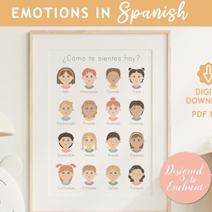 Emotions in Spanish Printable, Spanish Classroom Decor, Feelings and Emotions Chart, Spanish Classroom Decor, Homeschool Feelings Poster