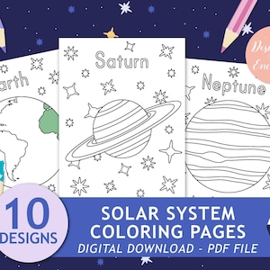 Puede incluir: Un conjunto de 10 páginas para colorear imprimibles que presentan planetas del sistema solar. Las páginas incluyen la Tierra, Saturno y Neptuno. El texto "10 Designs" y "Páginas para colorear del sistema solar" está incluido en la imagen.