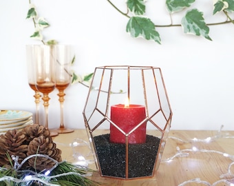 Geometric Glass Candle Holder, Christmas Candle Holder, Christmas Lights, Holiday Lights, Holiday Gifts, Copper Candle Holder Centerpiece