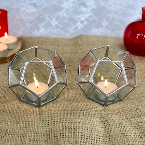 Glass Tea Light Holder, Hurricane Set of Two, Geometric Wedding Candles, Table Number Holder, Silver & Copper Wedding Favors, New Home Gift