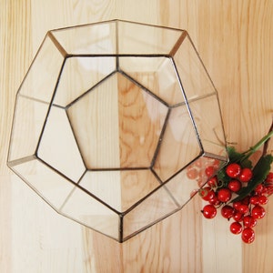 May include: A clear glass geometric terrarium with a black metal frame. The terrarium is sitting on a light wood surface. There are red berries and green leaves on the surface next to the terrarium.