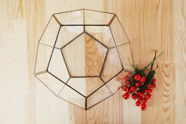 May include: A clear glass geometric terrarium with a black metal frame. The terrarium is sitting on a light wood surface. There are red berries and green leaves on the surface next to the terrarium.