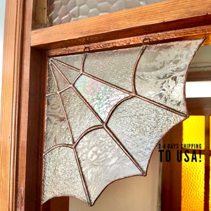 Stained glass spider web for the corners, Handmade suncatcher, Hanging window corner web, Iridescent stained glass art, New home gift