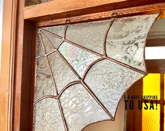 Stained glass spider web for the corners, Handmade suncatcher, Hanging window corner web, Iridescent stained glass art, New home gift