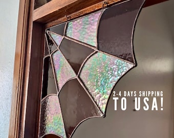 Stained glass spider web for the corners, Handmade suncatcher, Hanging window corner web, Iridescent stained glass art, New home gift