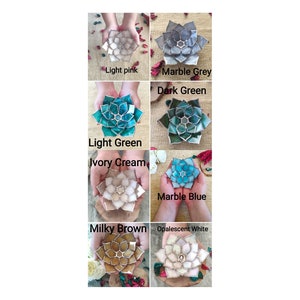May include: A set of ten stained glass succulent dish designs in various colors, including light pink, marble grey, dark green, light green, ivory cream, marble blue, milky brown, and opalescent white.