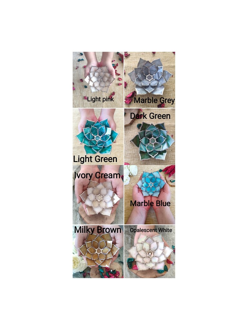 May include: A set of ten stained glass succulent dish designs in various colors, including light pink, marble grey, dark green, light green, ivory cream, marble blue, milky brown, and opalescent white.