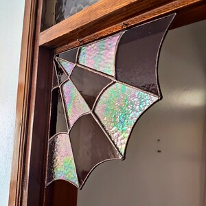 Stained glass spider web for the corners, Handmade suncatcher, Hanging window corner web, Iridescent stained glass art, New home gift image 6