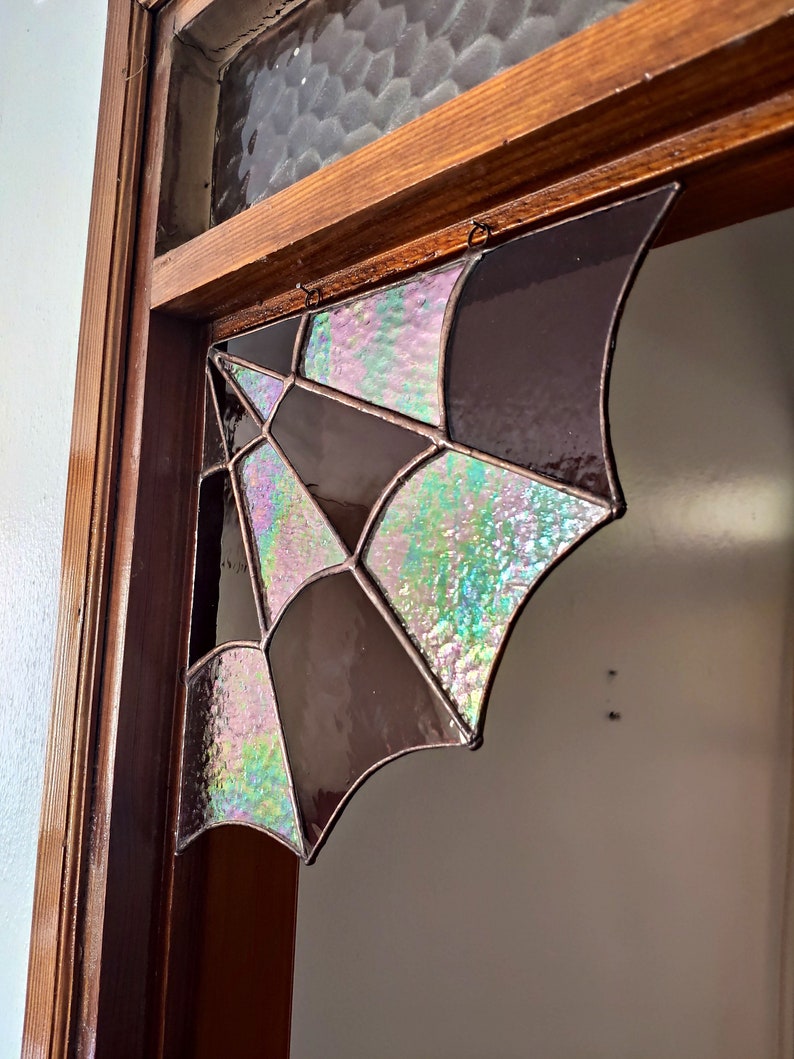 Stained glass spider web for the corners, Handmade suncatcher, Hanging window corner web, Iridescent stained glass art, New home gift image 6