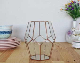 Geometric Glass Vase, Wedding Candle Holder, Stained glass wedding decor, Wedding lights, Christmas centerpiece, Copper decorative candles