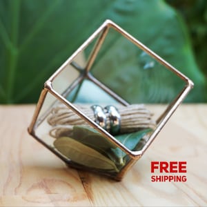 May include: A glass cube ring box with a copper frame, containing two silver wedding bands, nestled on a bed of natural twine and green leaves.