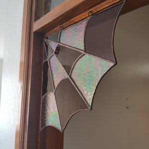 Stained glass spider web for the corners, Handmade suncatcher, Hanging window corner web, Iridescent stained glass art, New home gift image 3