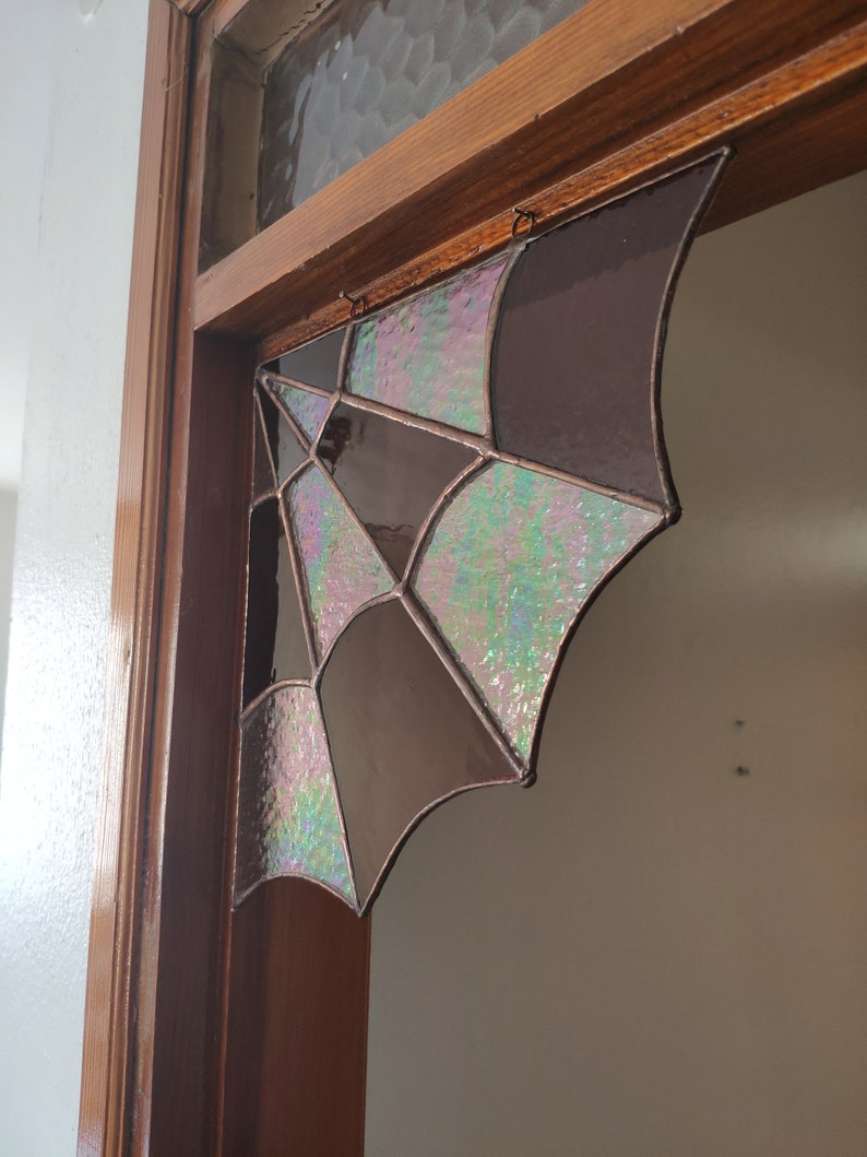 Stained glass spider web for the corners, Handmade suncatcher, Hanging window corner web, Iridescent stained glass art, New home gift image 3