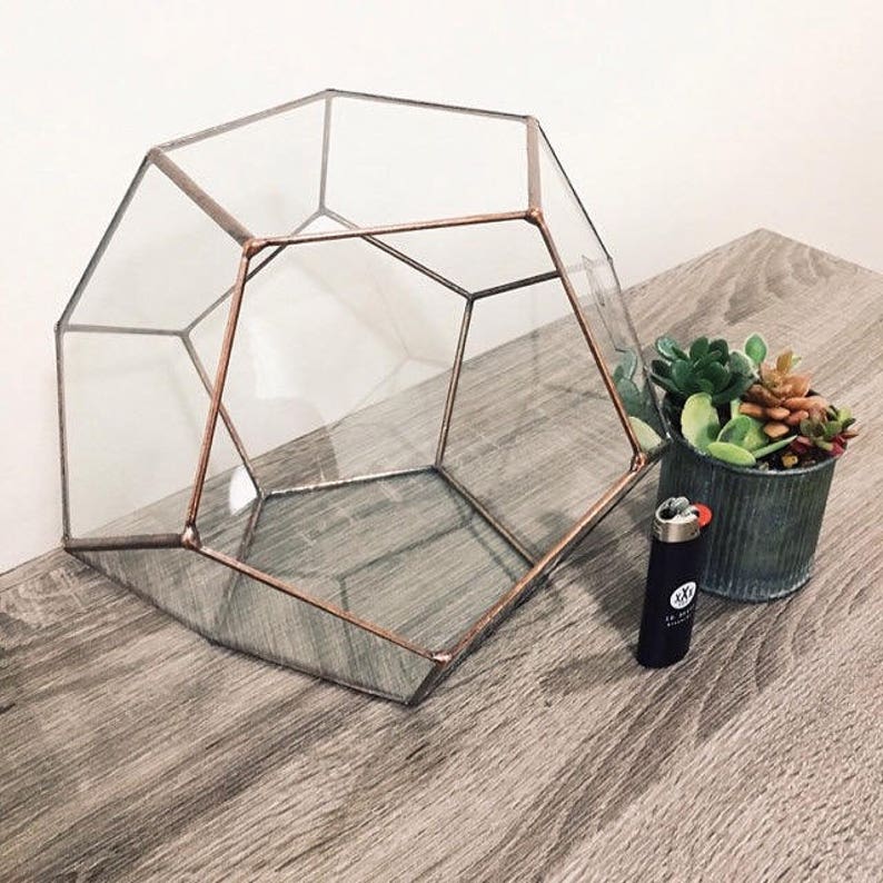 May include: A clear glass geometric terrarium with a copper frame. The terrarium is sitting on a wooden surface with a small potted succulent plant next to it.