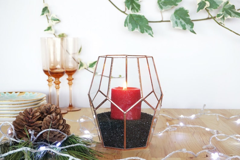 Geometric Glass Candle Holder, Christmas Candle Holder, Christmas Lights, Holiday Lights, Holiday Gifts, Copper Candle Holder Centerpiece image 1