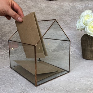 Kaartdoos huis, glazen kaarthouder, envelop en geldhouder, gepersonaliseerde glazen display, aangepaste aandenkendoos, terrariumcontainer