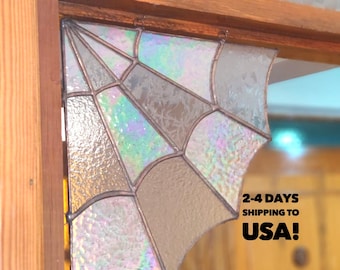 Stained glass spider web for the corners, Handmade suncatcher, Hanging window corner web, Iridescent stained glass art, New home gift