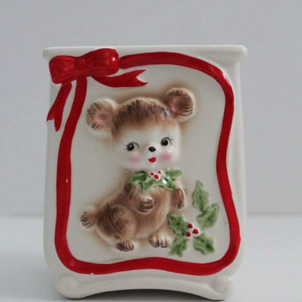 Rare Vintage Japan Lefton Christmas Bear Planter X-AR725 Mistletoe Holly Berries