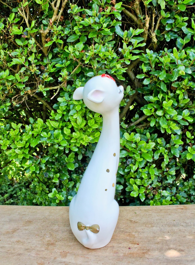 Gorgeous Vintage Long Neck 12 inch Napcoware White Deer-Doe-Red Bow-Gold Polka Dots-Eyelash-Napco-Foil Sticker-Japan-Reindeer