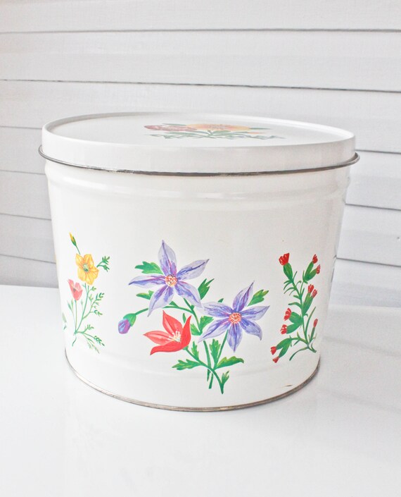 Vintage Storage Tin Bright Flowers