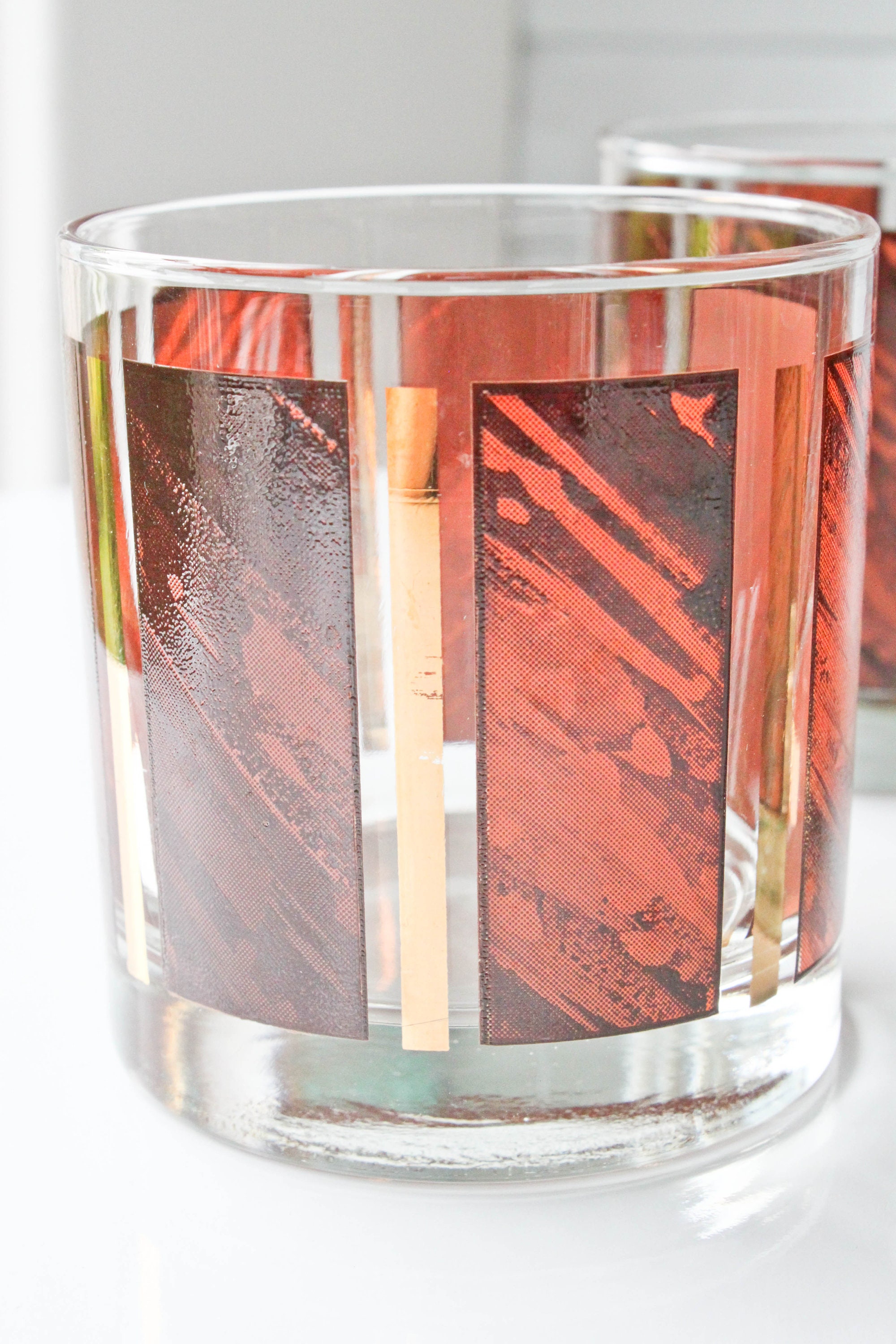 Vintage Mid Century Set of 6 Faux Wood Grain Bar Glasses Gold Etsy