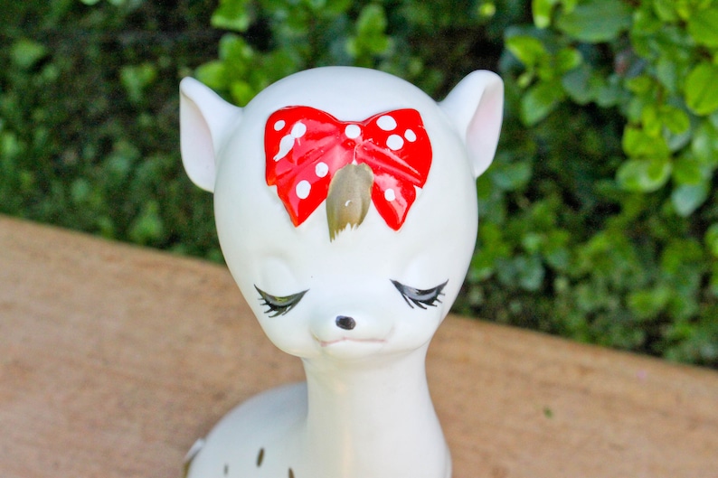 Gorgeous Vintage Long Neck 12 inch Napcoware White Deer-Doe-Red Bow-Gold Polka Dots-Eyelash-Napco-Foil Sticker-Japan-Reindeer